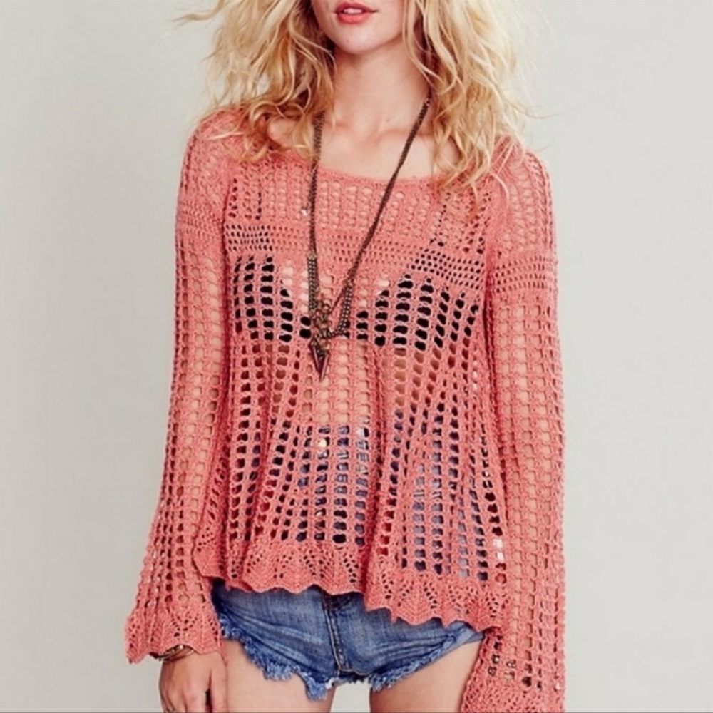 Free People Annabelle Crochet Long Bell Sleeve Sweater/Beach Cover